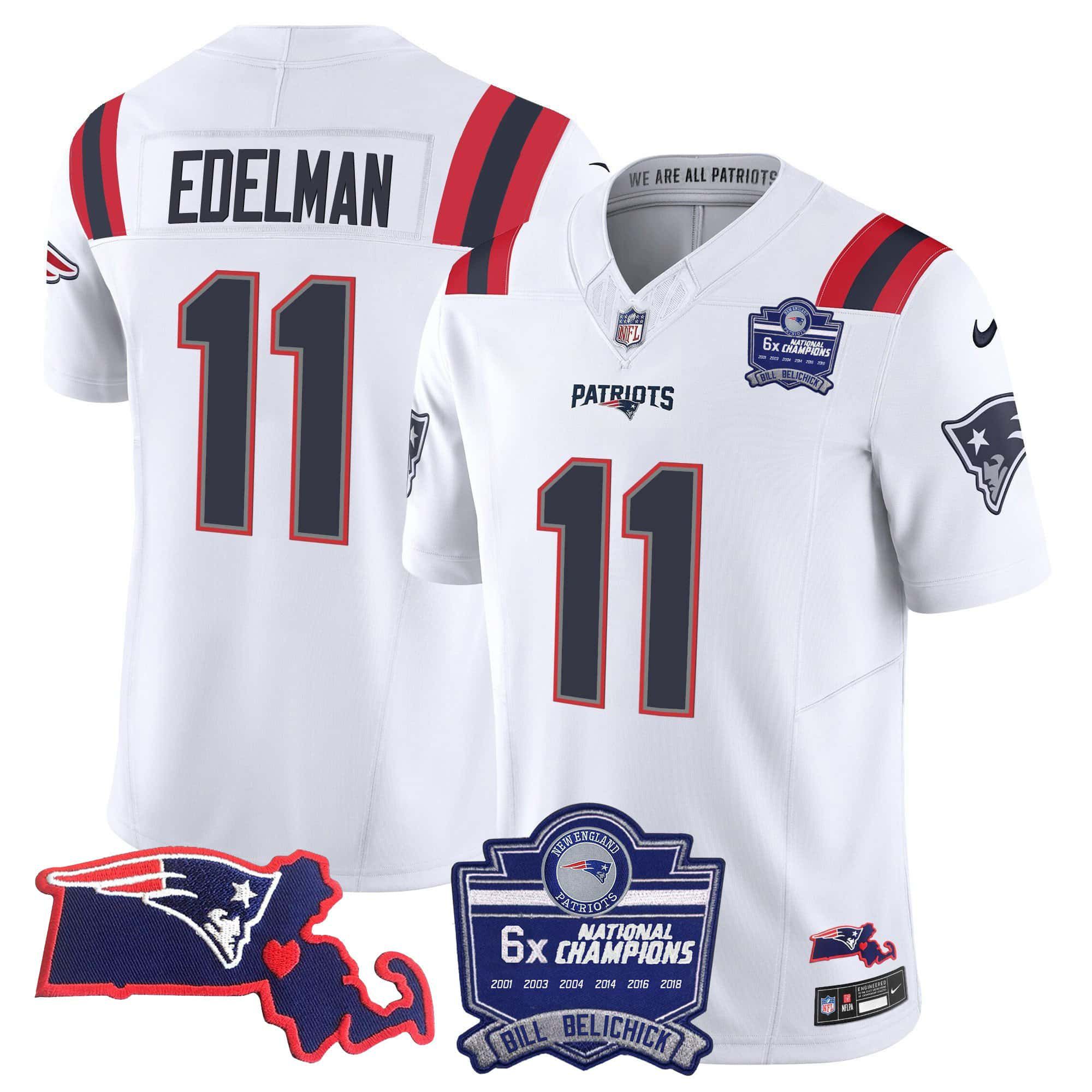 Men New England Patriots #11 Edelman White 2024 Nike 6x Champions Patch Vapor Limited NFL Jersey